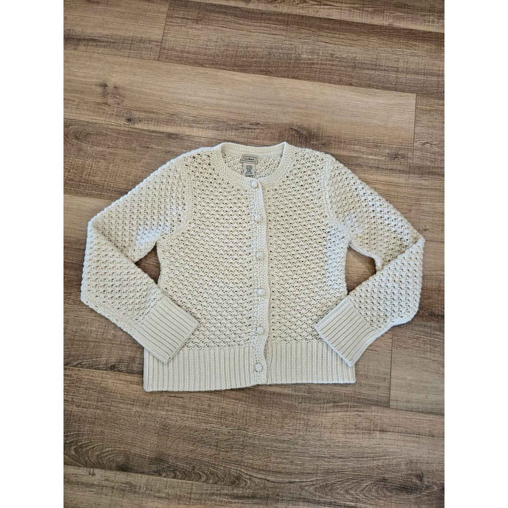 L.L.Bean Wool Angora Cardigan Women S Cream Open Knit Button Sweater Preppy
